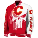 calgary flames skull outline red white varsity jacket best selling