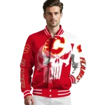 calgary flames skull outline red white varsity jacket best selling