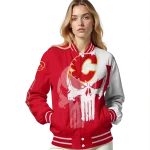 calgary flames skull outline red white varsity jacket best selling