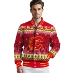calgary flames snowy pines red varsity jacket best selling