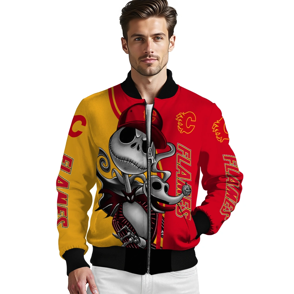 calgary flames spooky grin red bomber jacket high quality calgary flames spooky grin red bomber jacket high quality
