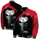 carolina hurricanes edgy mask red black varsity jacket best selling