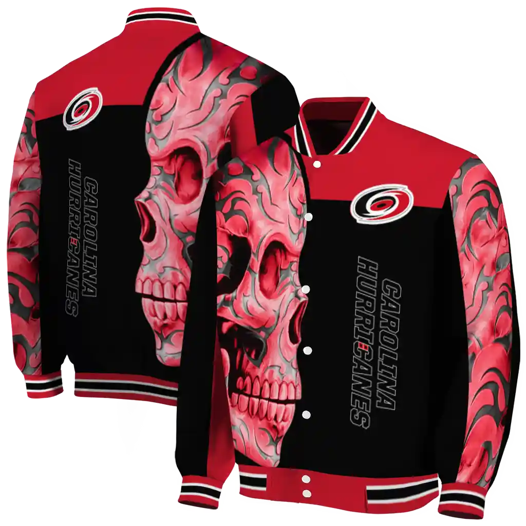 carolina hurricanes fire skull red black varsity jacket fashion forward carolina hurricanes fire skull red black varsity jacket fashion forward
