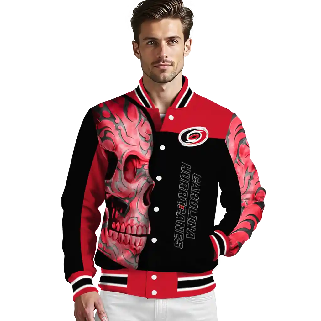 carolina hurricanes fire skull red black varsity jacket high quality carolina hurricanes fire skull red black varsity jacket high quality