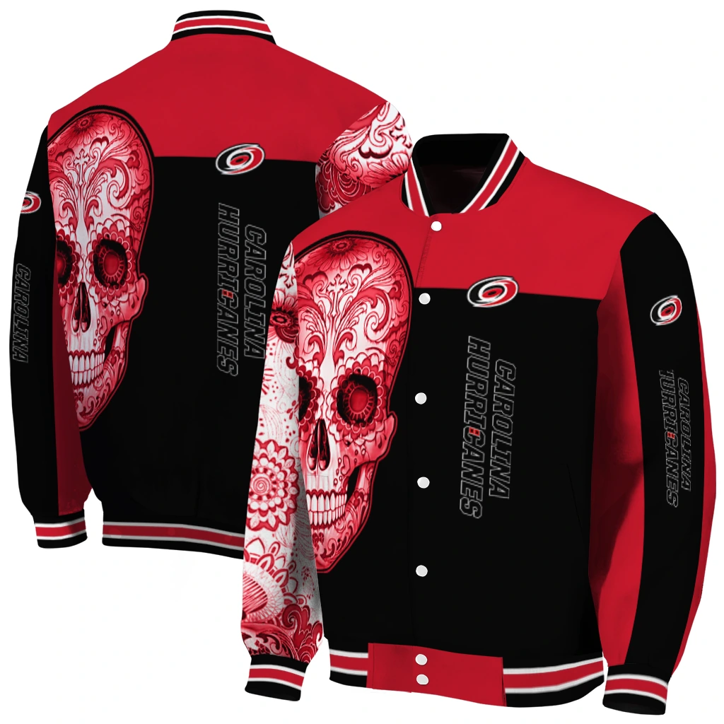 carolina hurricanes intricate skull red black varsity jacket fashion forward carolina hurricanes intricate skull red black varsity jacket fashion forward
