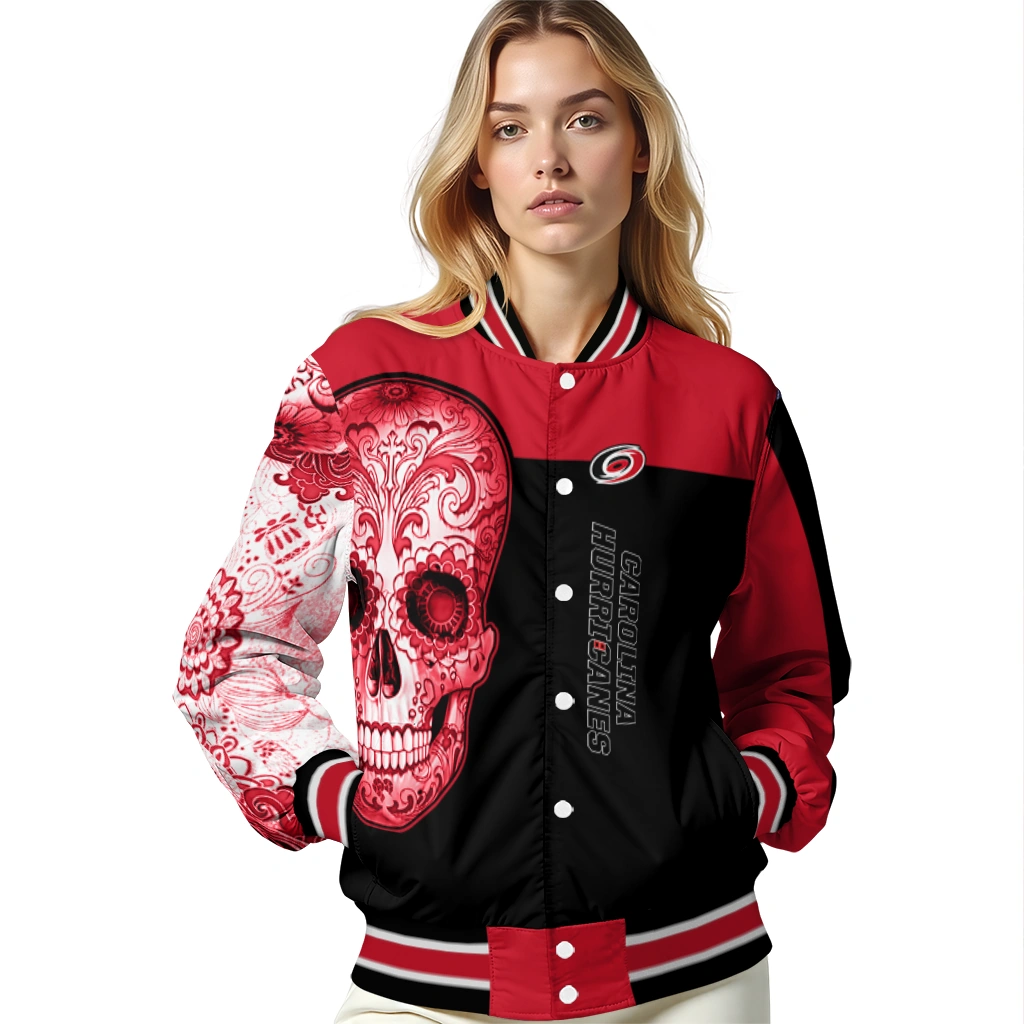 carolina hurricanes intricate skull red black varsity jacket latest model carolina hurricanes intricate skull red black varsity jacket latest model
