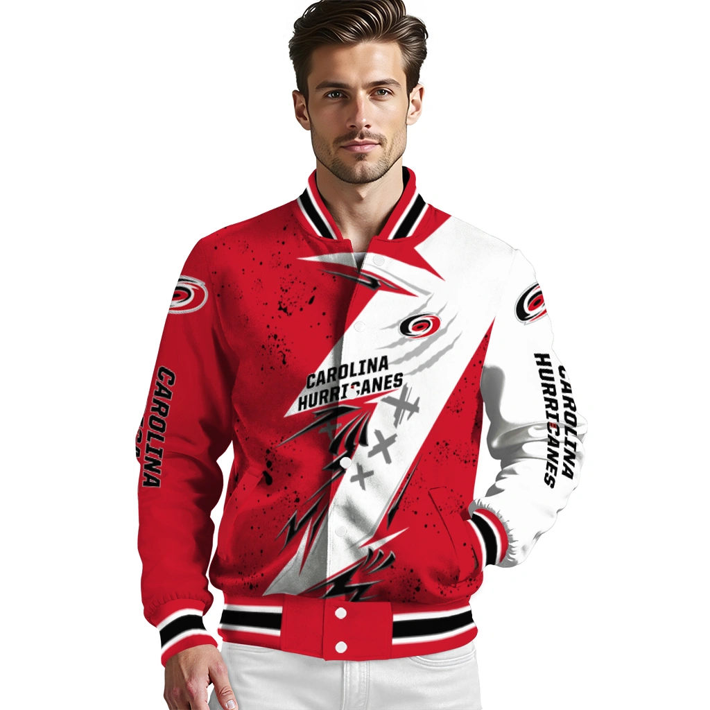 carolina hurricanes ripped bolt red white varsity jacket high quality carolina hurricanes ripped bolt red white varsity jacket high quality