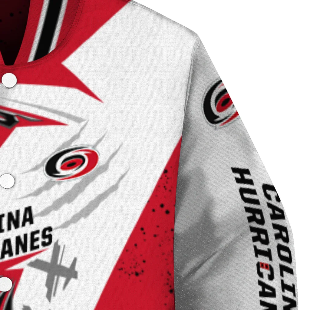 carolina hurricanes ripped bolt red white varsity jacket premium grade carolina hurricanes ripped bolt red white varsity jacket premium grade