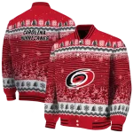 carolina hurricanes snowy pines red varsity jacket best selling