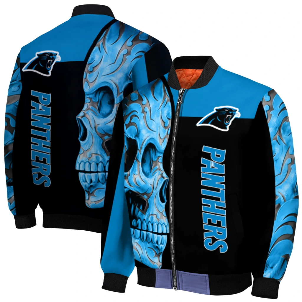 carolina panthers fire skull blue black bomber jacket best selling carolina panthers fire skull blue black bomber jacket best selling