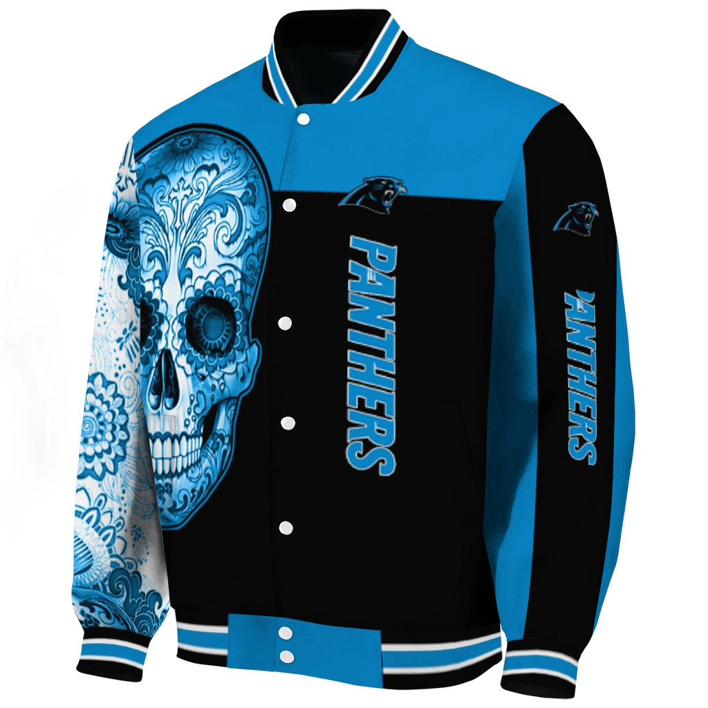 carolina panthers intricate skull blue black varsity jacket best selling carolina panthers intricate skull blue black varsity jacket best selling