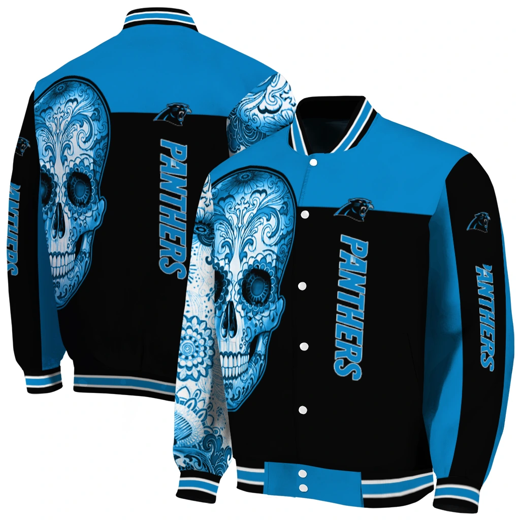 carolina panthers intricate skull blue black varsity jacket fashion forward carolina panthers intricate skull blue black varsity jacket fashion forward