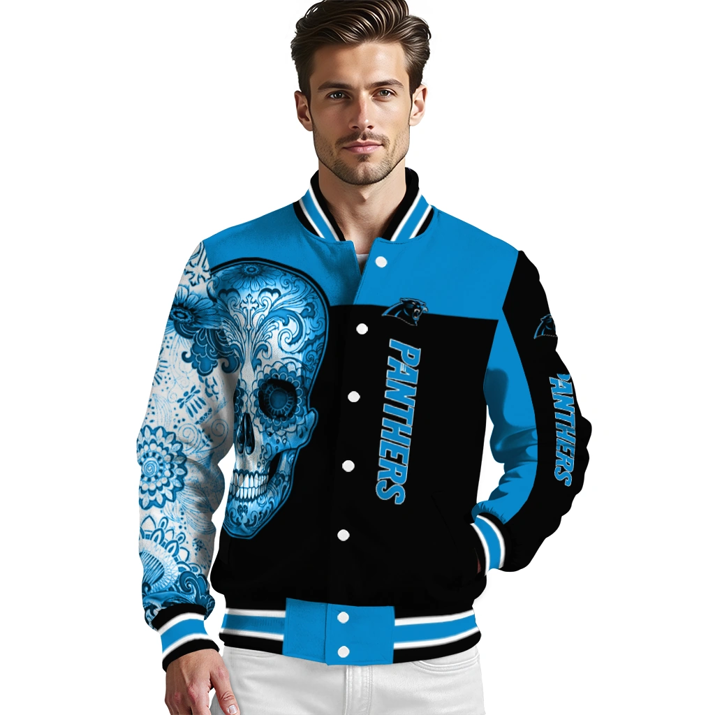 carolina panthers intricate skull blue black varsity jacket high quality carolina panthers intricate skull blue black varsity jacket high quality