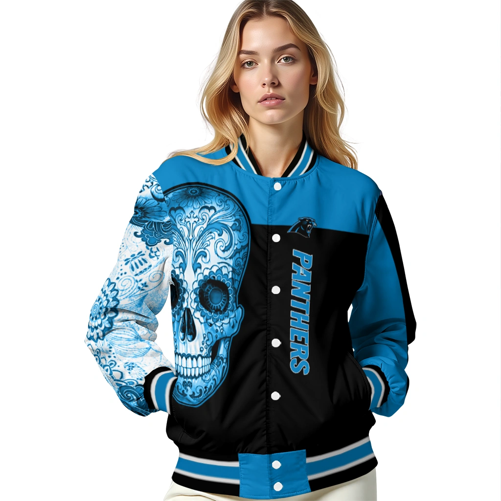 carolina panthers intricate skull blue black varsity jacket latest model carolina panthers intricate skull blue black varsity jacket latest model