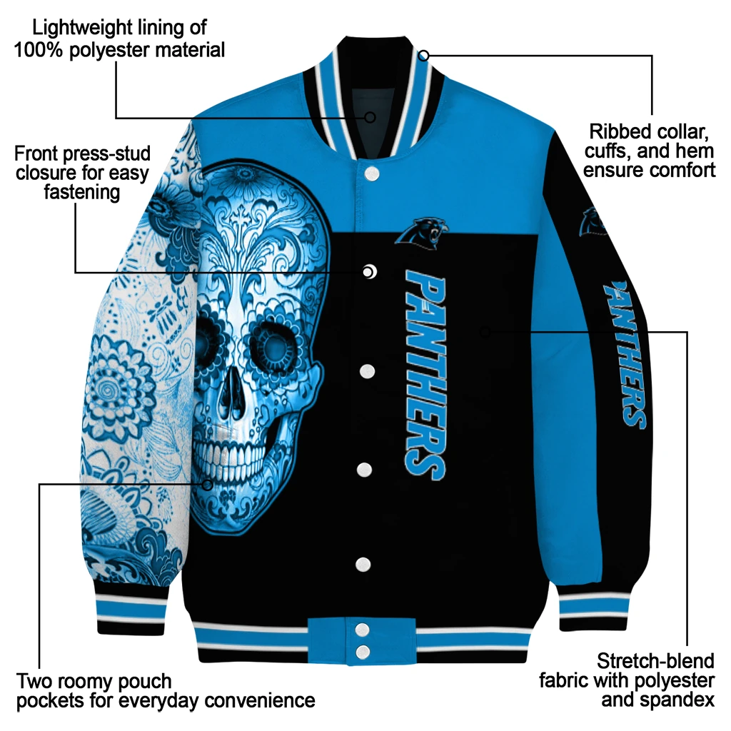 carolina panthers intricate skull blue black varsity jacket new arrival carolina panthers intricate skull blue black varsity jacket new arrival