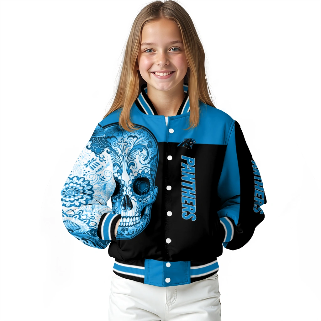 carolina panthers intricate skull blue black varsity jacket top rated carolina panthers intricate skull blue black varsity jacket top rated