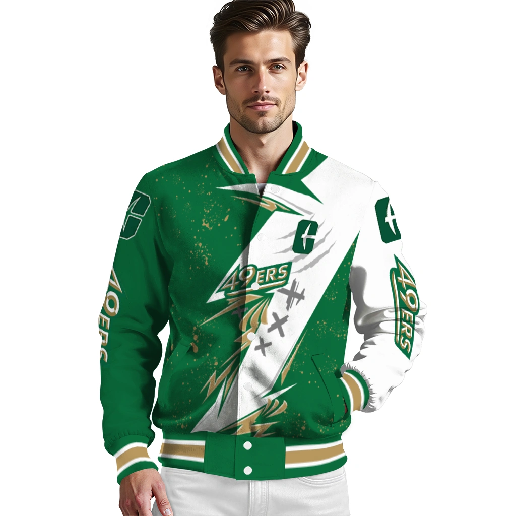 charlotte 49ers ripped bolt green white varsity jacket high quality charlotte 49ers ripped bolt green white varsity jacket high quality