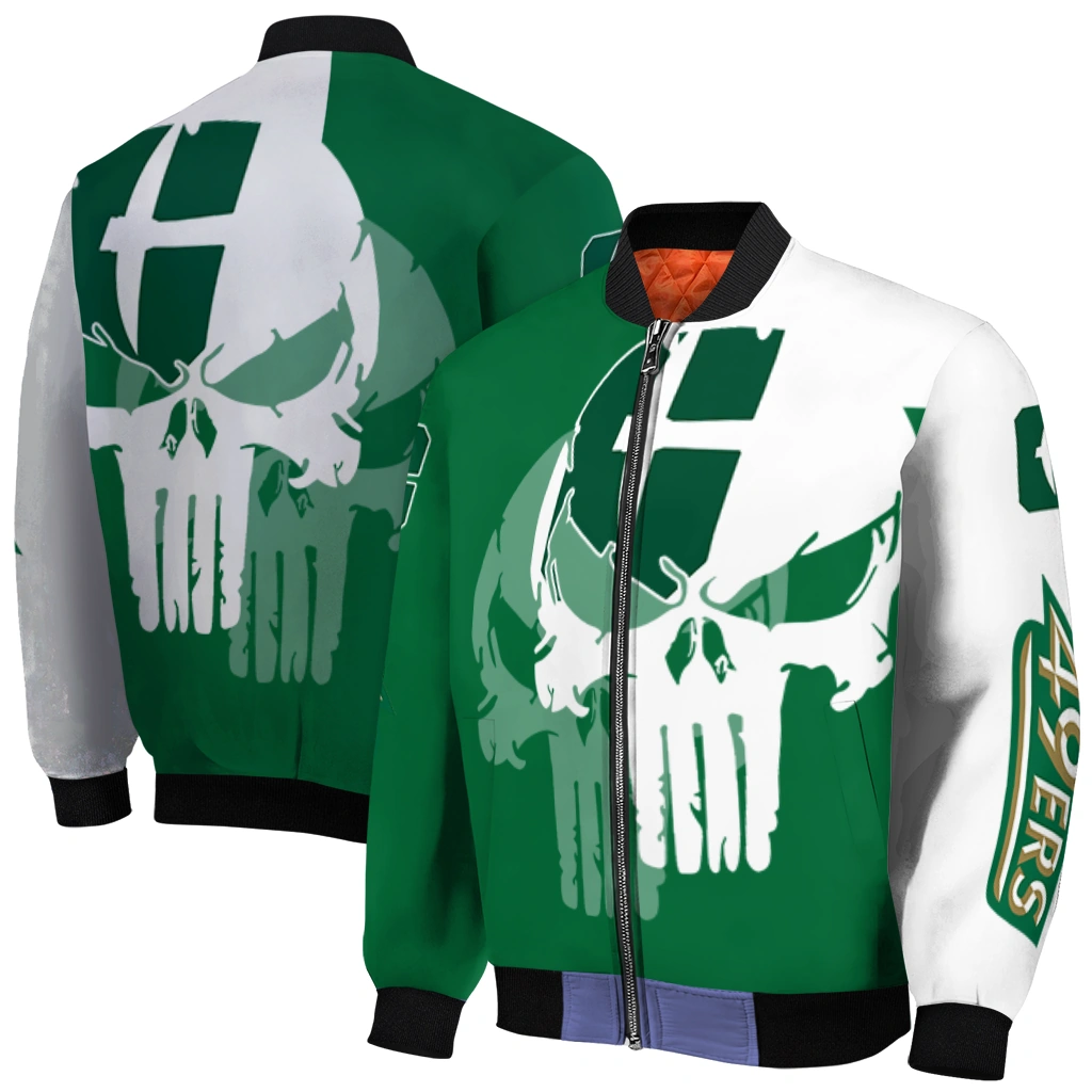 charlotte 49ers skull outline green white bomber jacket best selling charlotte 49ers skull outline green white bomber jacket best selling