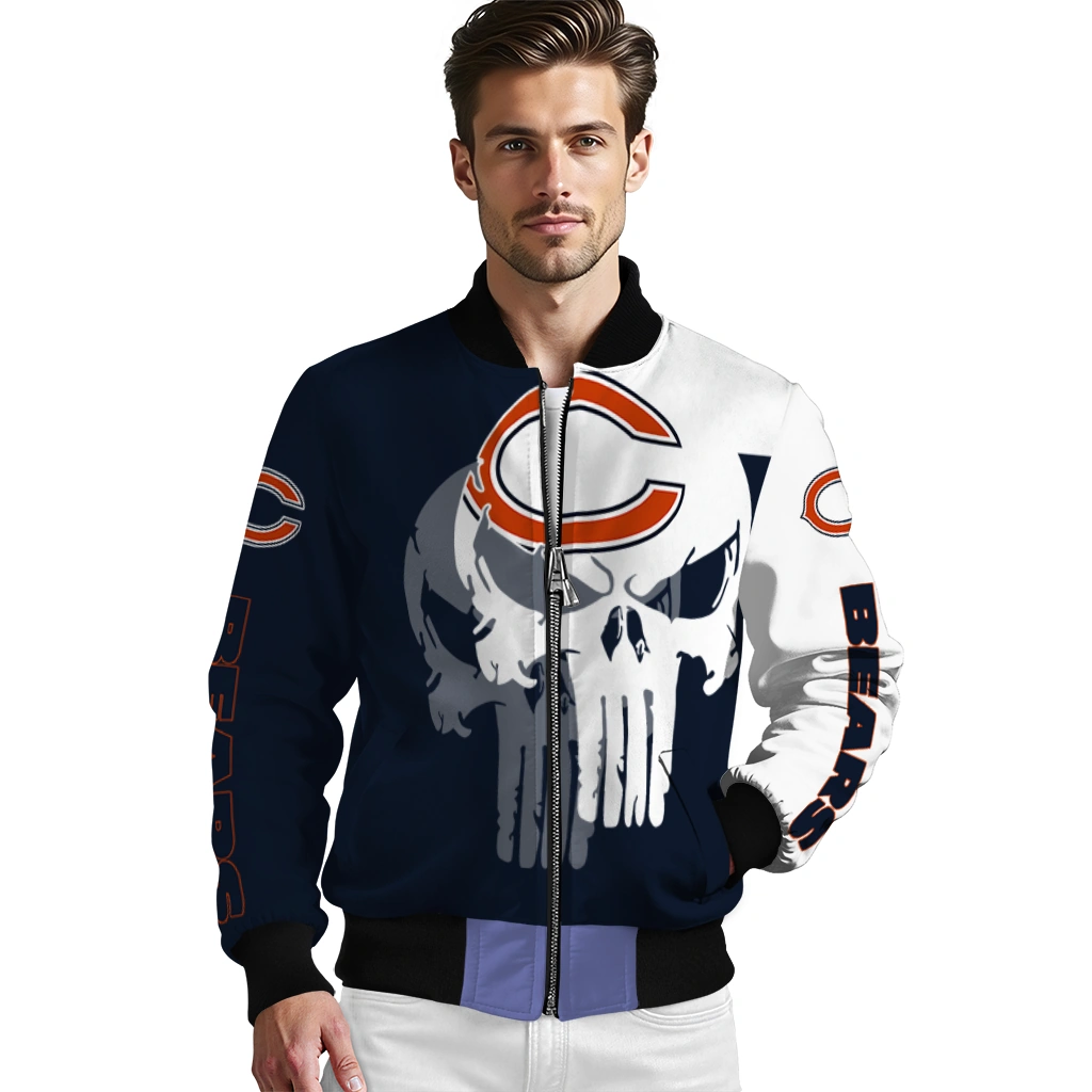chicago bears skull outline blue white bomber jacket high quality chicago bears skull outline blue white bomber jacket high quality