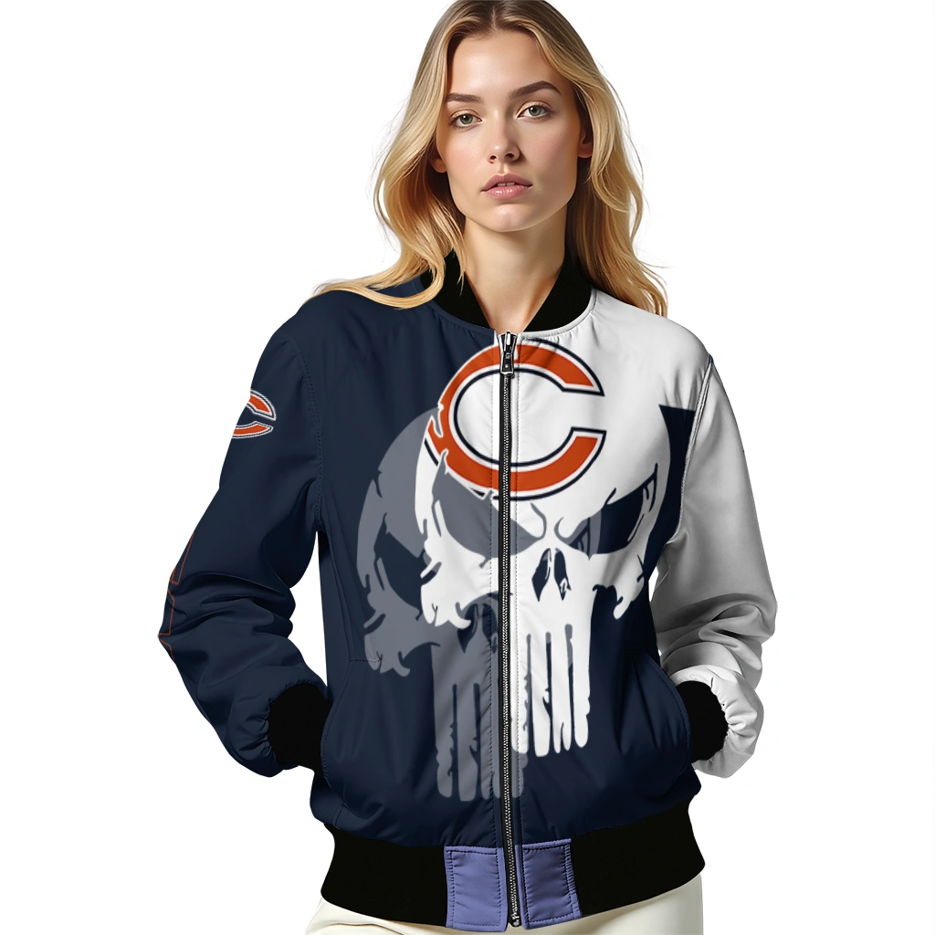 chicago bears skull outline blue white bomber jacket latest model chicago bears skull outline blue white bomber jacket latest model