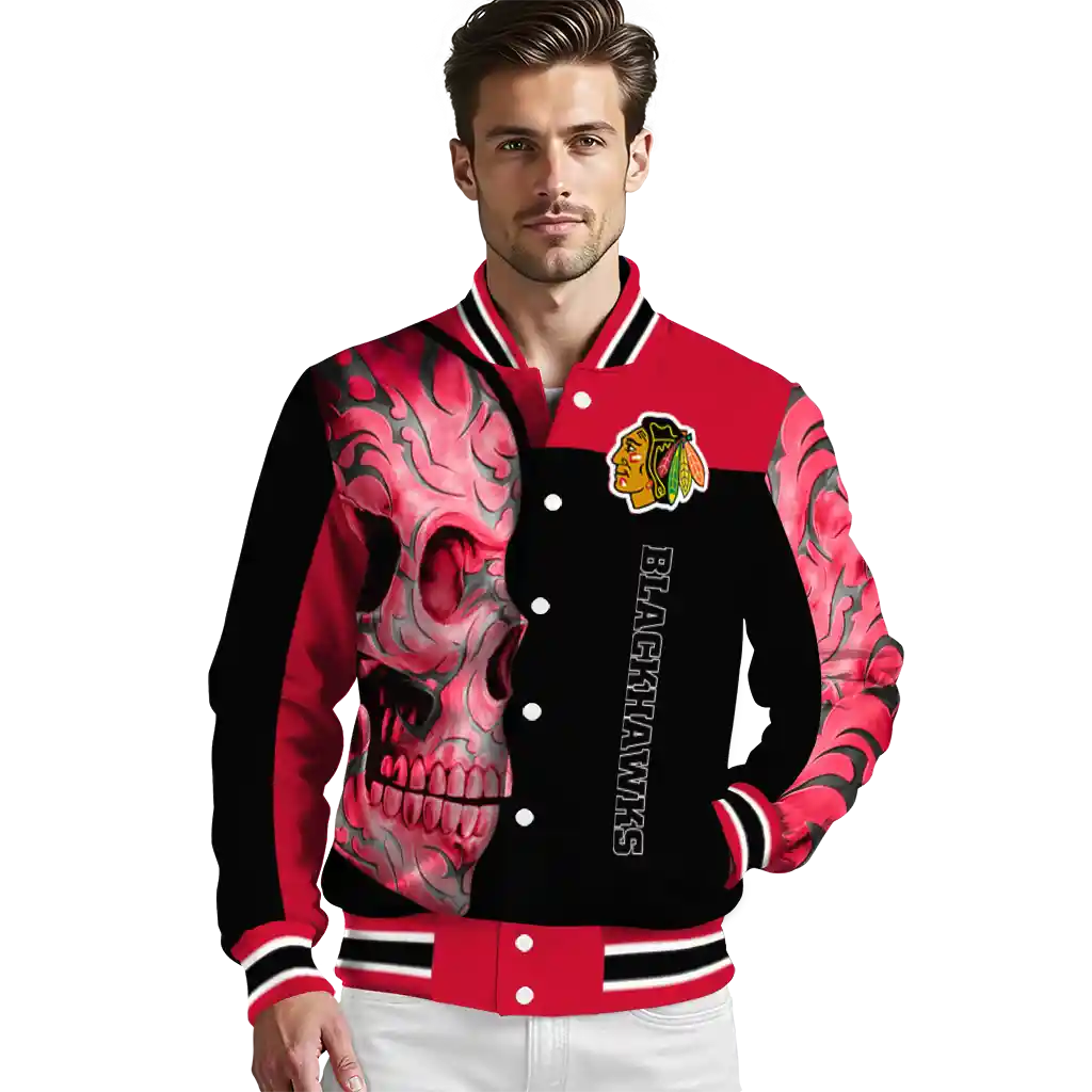 chicago blackhawks fire skull red black varsity jacket high quality chicago blackhawks fire skull red black varsity jacket high quality