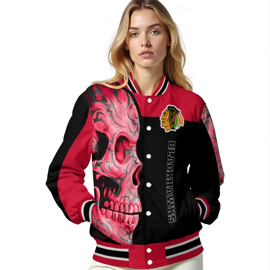 chicago blackhawks fire skull red black varsity jacket latest model chicago blackhawks fire skull red black varsity jacket latest model