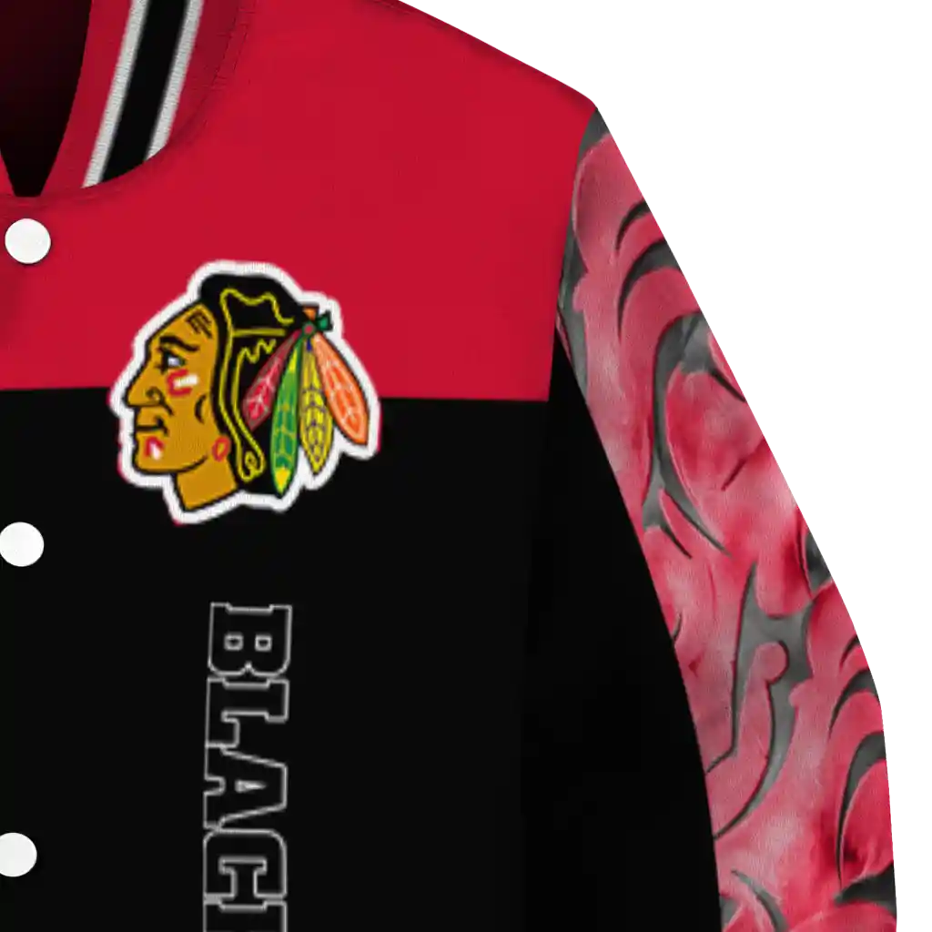chicago blackhawks fire skull red black varsity jacket premium grade chicago blackhawks fire skull red black varsity jacket premium grade