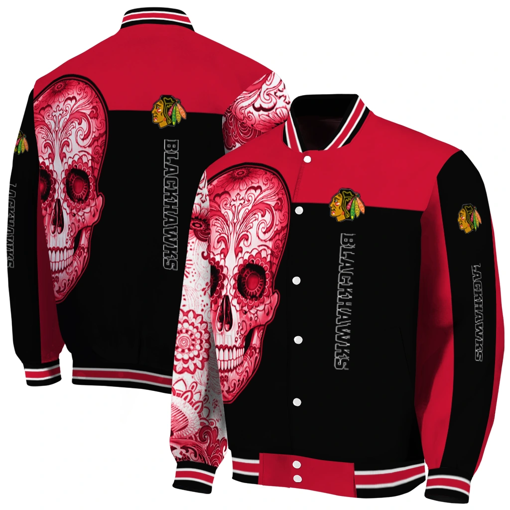 chicago blackhawks intricate skull red black varsity jacket fashion forward chicago blackhawks intricate skull red black varsity jacket fashion forward
