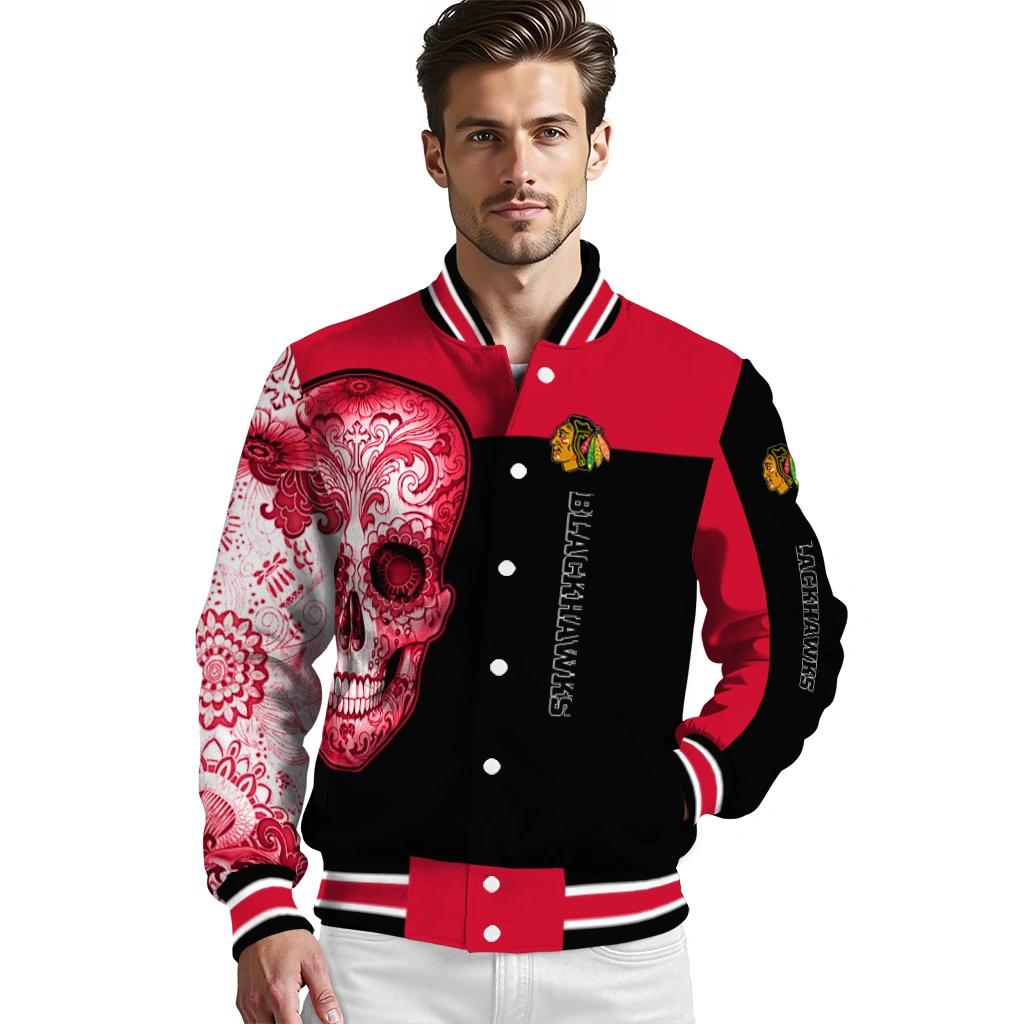 chicago blackhawks intricate skull red black varsity jacket high quality chicago blackhawks intricate skull red black varsity jacket high quality