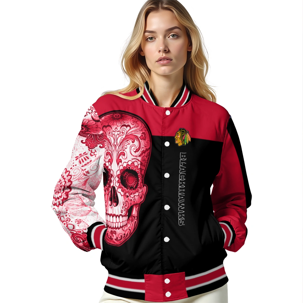 chicago blackhawks intricate skull red black varsity jacket latest model chicago blackhawks intricate skull red black varsity jacket latest model