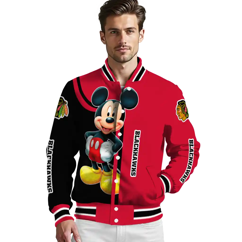 chicago blackhawks mickey mouse red varsity jacket high quality chicago blackhawks mickey mouse red varsity jacket high quality