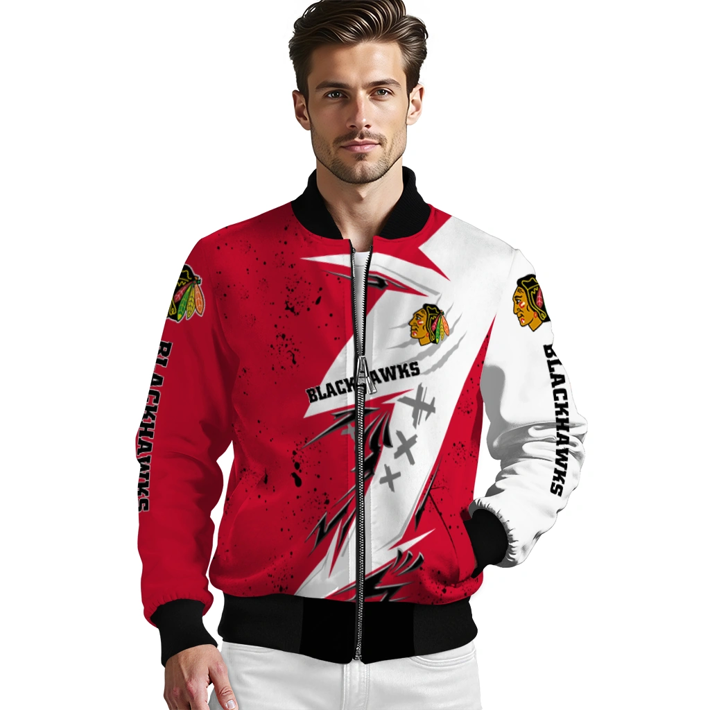 chicago blackhawks ripped bolt red white bomber jacket high quality chicago blackhawks ripped bolt red white bomber jacket high quality