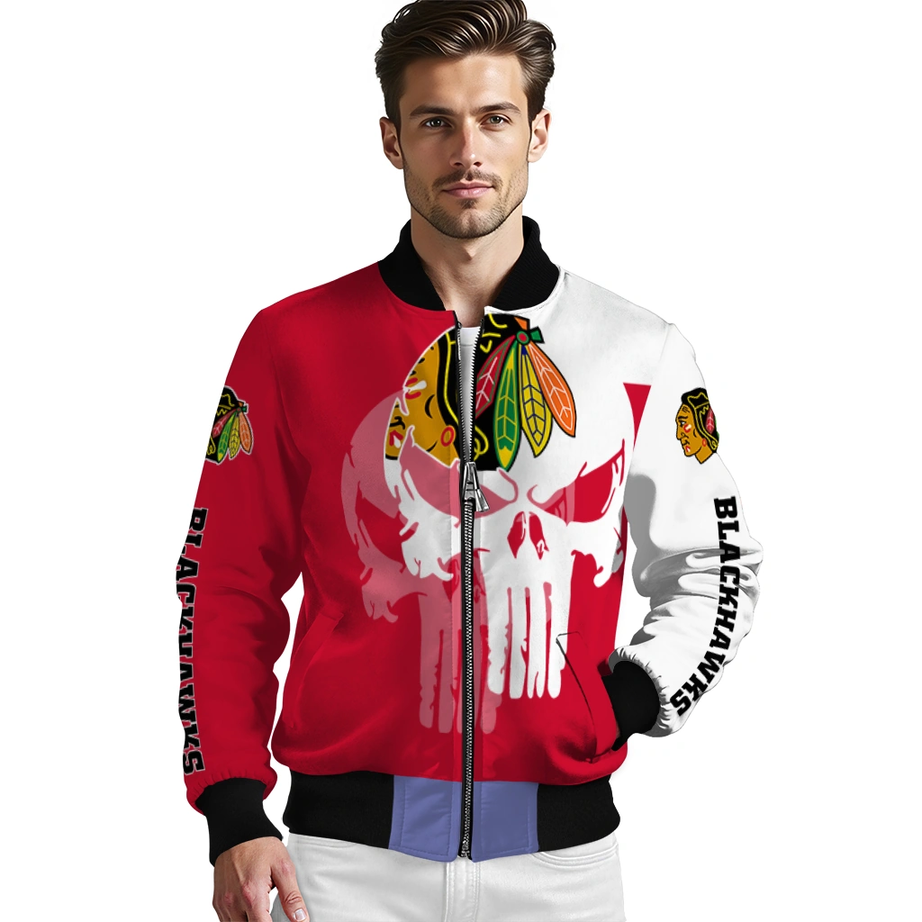 chicago blackhawks skull outline red white bomber jacket high quality chicago blackhawks skull outline red white bomber jacket high quality