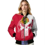 chicago blackhawks skull outline red white bomber jacket best selling
