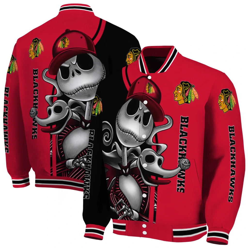 chicago blackhawks spooky grin red varsity jacket fashion forward chicago blackhawks spooky grin red varsity jacket fashion forward