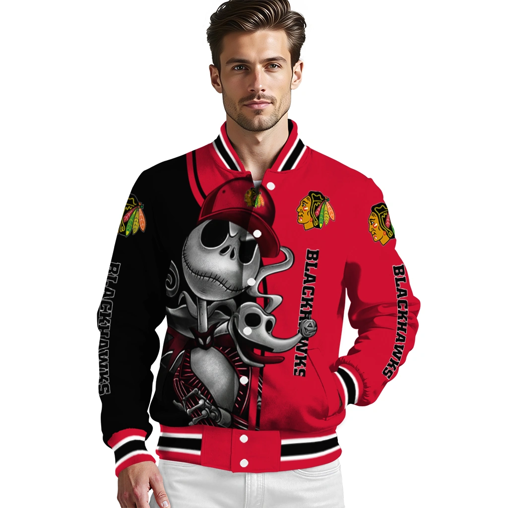 chicago blackhawks spooky grin red varsity jacket high quality chicago blackhawks spooky grin red varsity jacket high quality