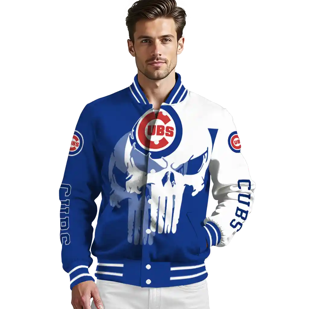 chicago cubs skull outline blue white varsity jacket high quality chicago cubs skull outline blue white varsity jacket high quality