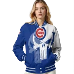 chicago cubs skull outline blue white varsity jacket best selling
