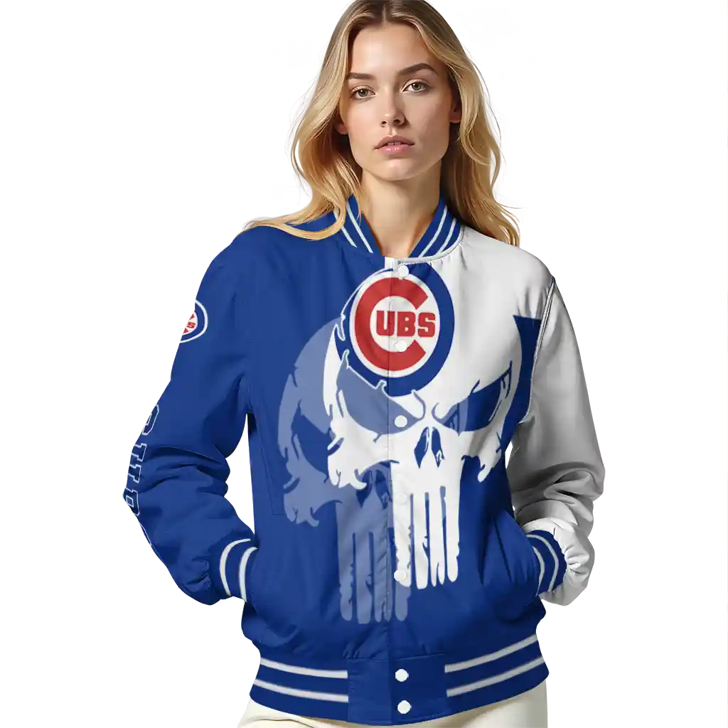 chicago cubs skull outline blue white varsity jacket latest model chicago cubs skull outline blue white varsity jacket latest model