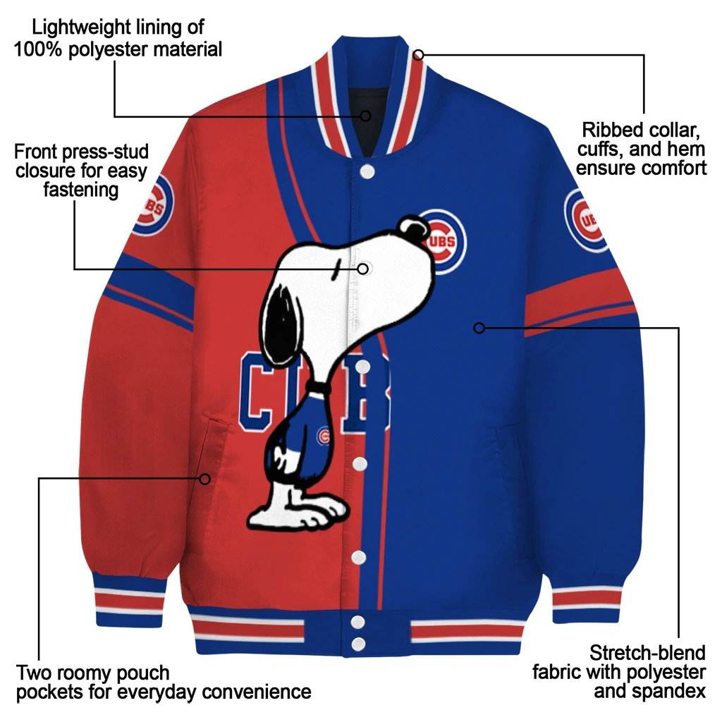chicago cubs snoopy attitude blue varsity jacket new arrival chicago cubs snoopy attitude blue varsity jacket new arrival