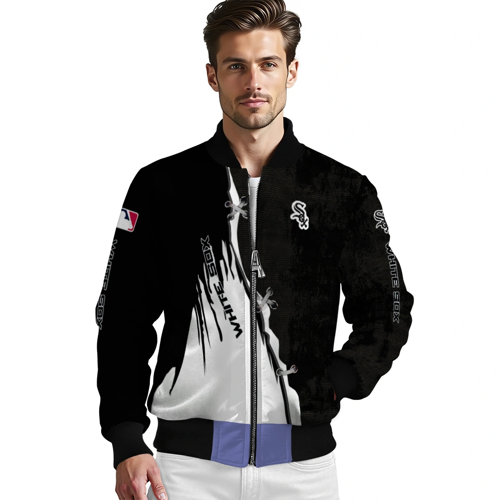 chicago white sox grunge cut design black bomber jacket high quality chicago white sox grunge cut design black bomber jacket high quality