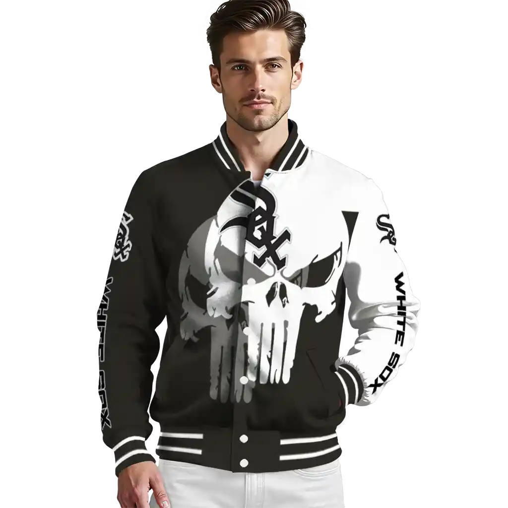 chicago white sox skull outline black white varsity jacket high quality chicago white sox skull outline black white varsity jacket high quality