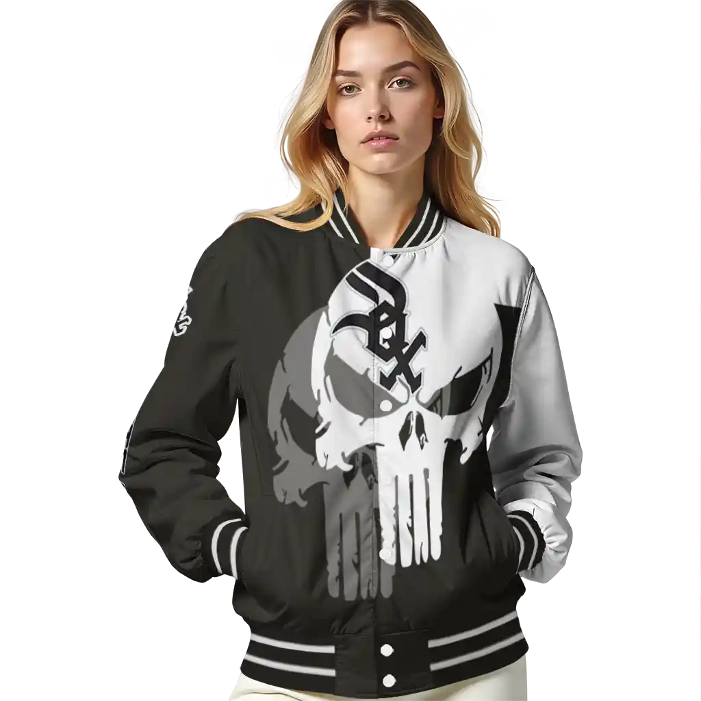 chicago white sox skull outline black white varsity jacket latest model chicago white sox skull outline black white varsity jacket latest model