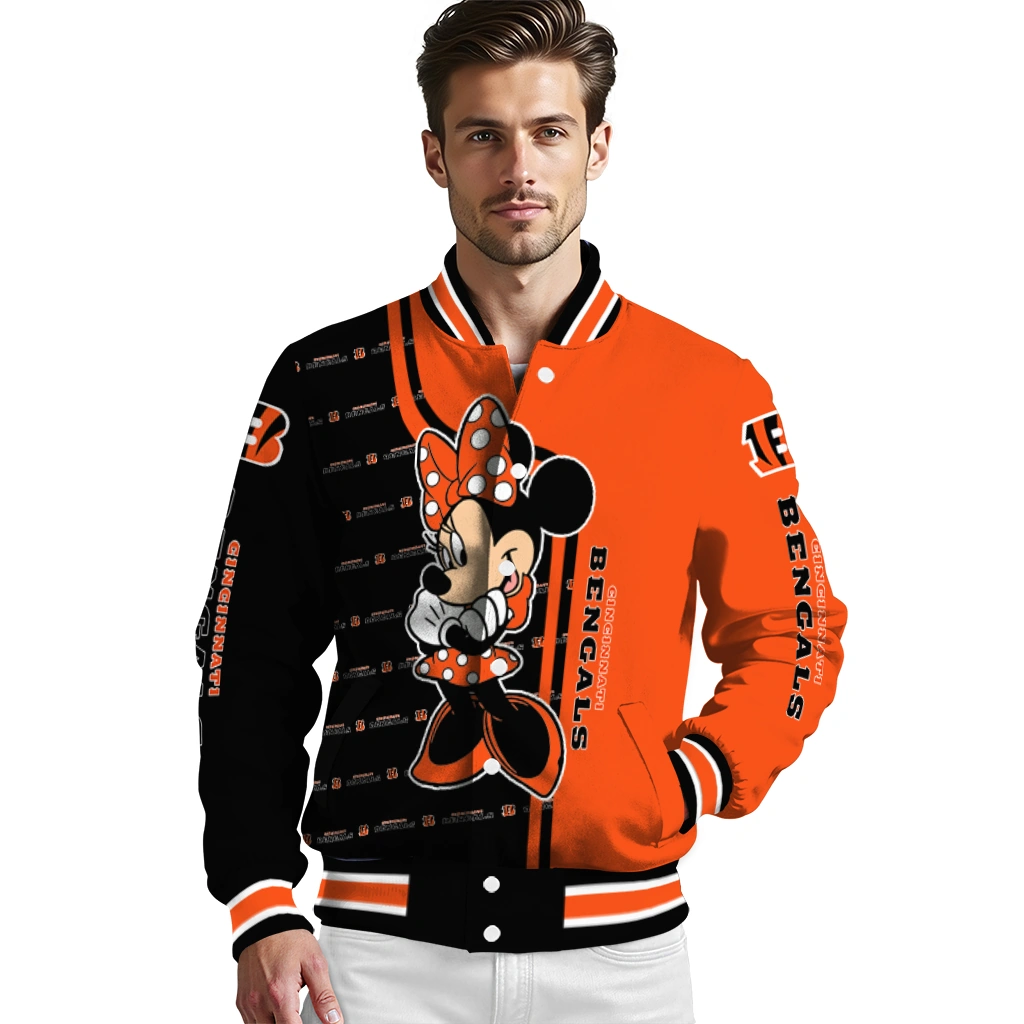 cincinnati bengals minnie mouse orange varsity jacket high quality cincinnati bengals minnie mouse orange varsity jacket high quality