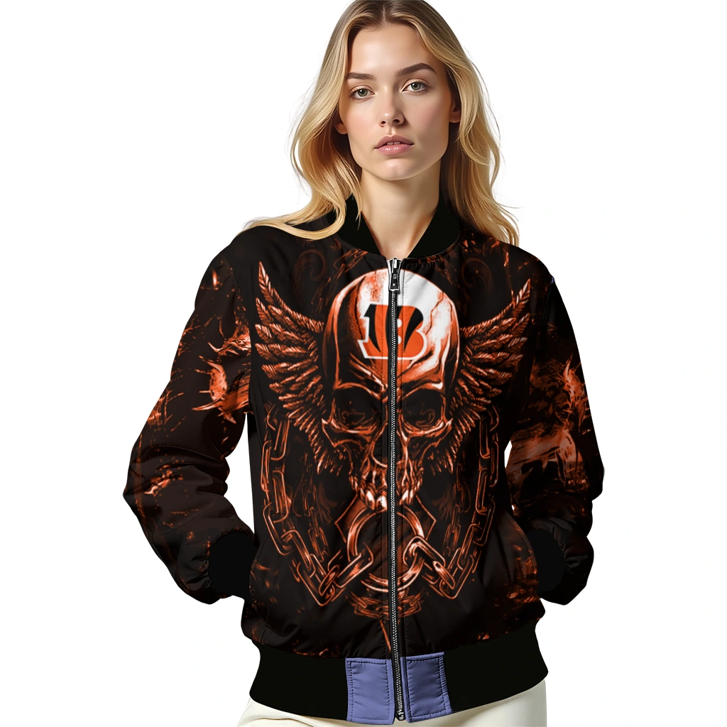 cincinnati bengals skull bite orange black bomber jacket latest model cincinnati bengals skull bite orange black bomber jacket latest model