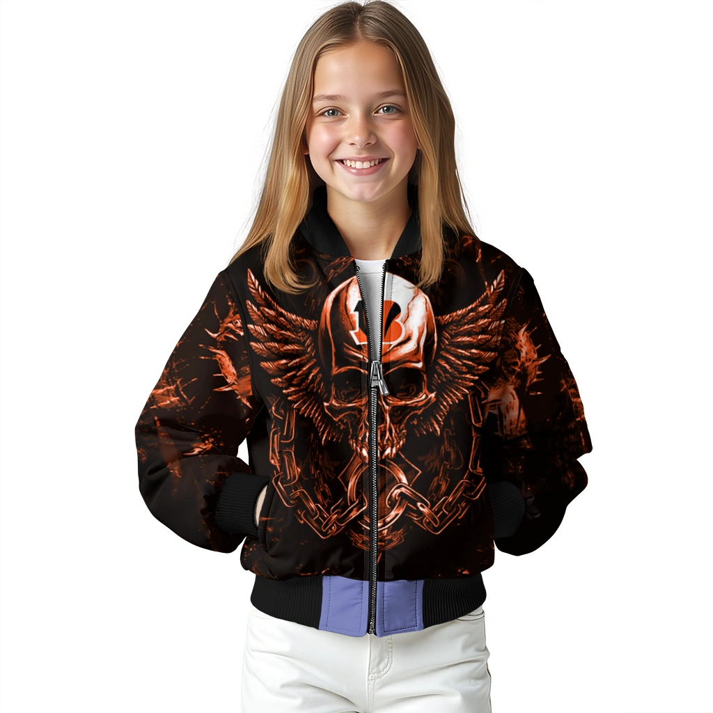 cincinnati bengals skull bite orange black bomber jacket top rated cincinnati bengals skull bite orange black bomber jacket top rated