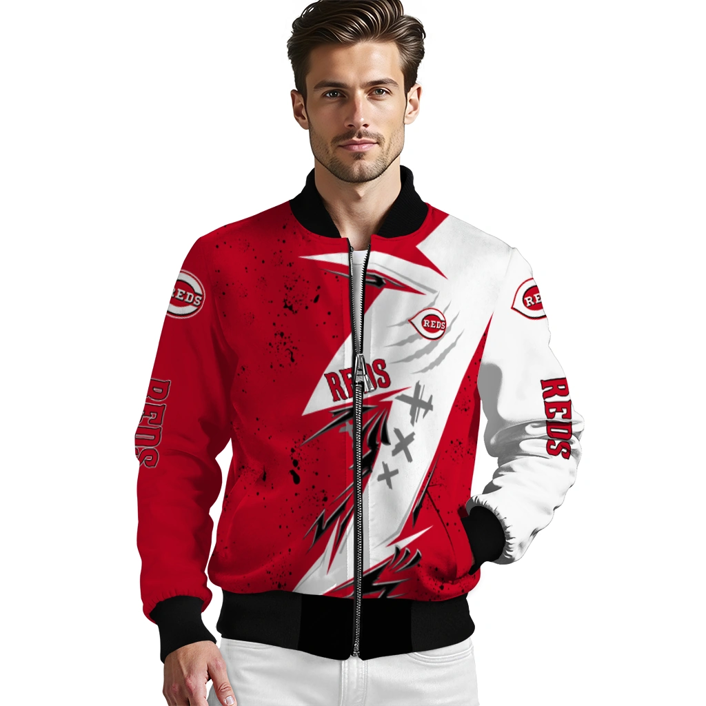 cincinnati reds ripped bolt red white bomber jacket high quality cincinnati reds ripped bolt red white bomber jacket high quality