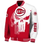 cincinnati reds skull outline red white varsity jacket best selling