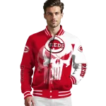 cincinnati reds skull outline red white varsity jacket best selling