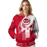 cincinnati reds skull outline red white varsity jacket best selling